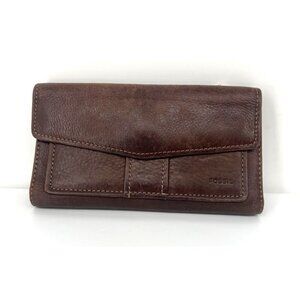 Fossil Womens Trifold Wallet 100% Genuine Leather Brown Snap Closure